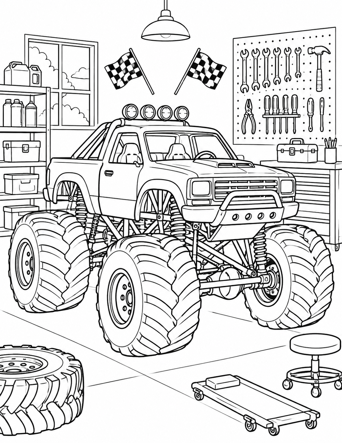 Ein Monstertruck steht in einer Werkstatt mit Werkzeugen, Regalen und einem Ersatzreifen.