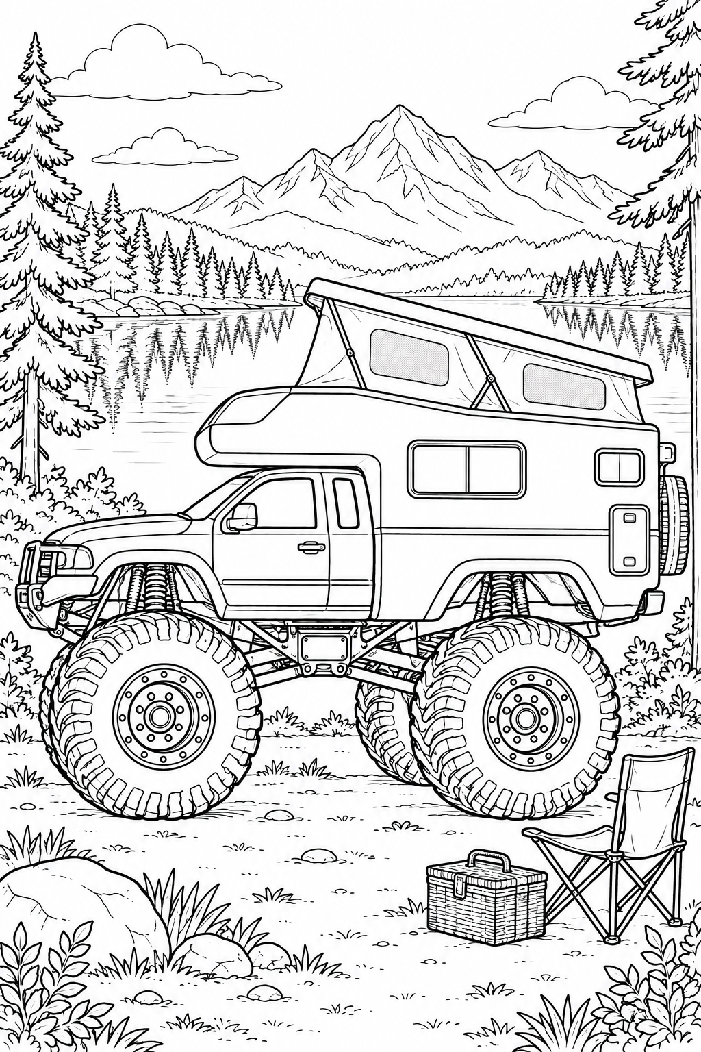 Ein Monster-Wohnmobil mit aufgestelltem Dach steht an einem Bergsee, daneben ein Klappstuhl und ein Picknickkorb.