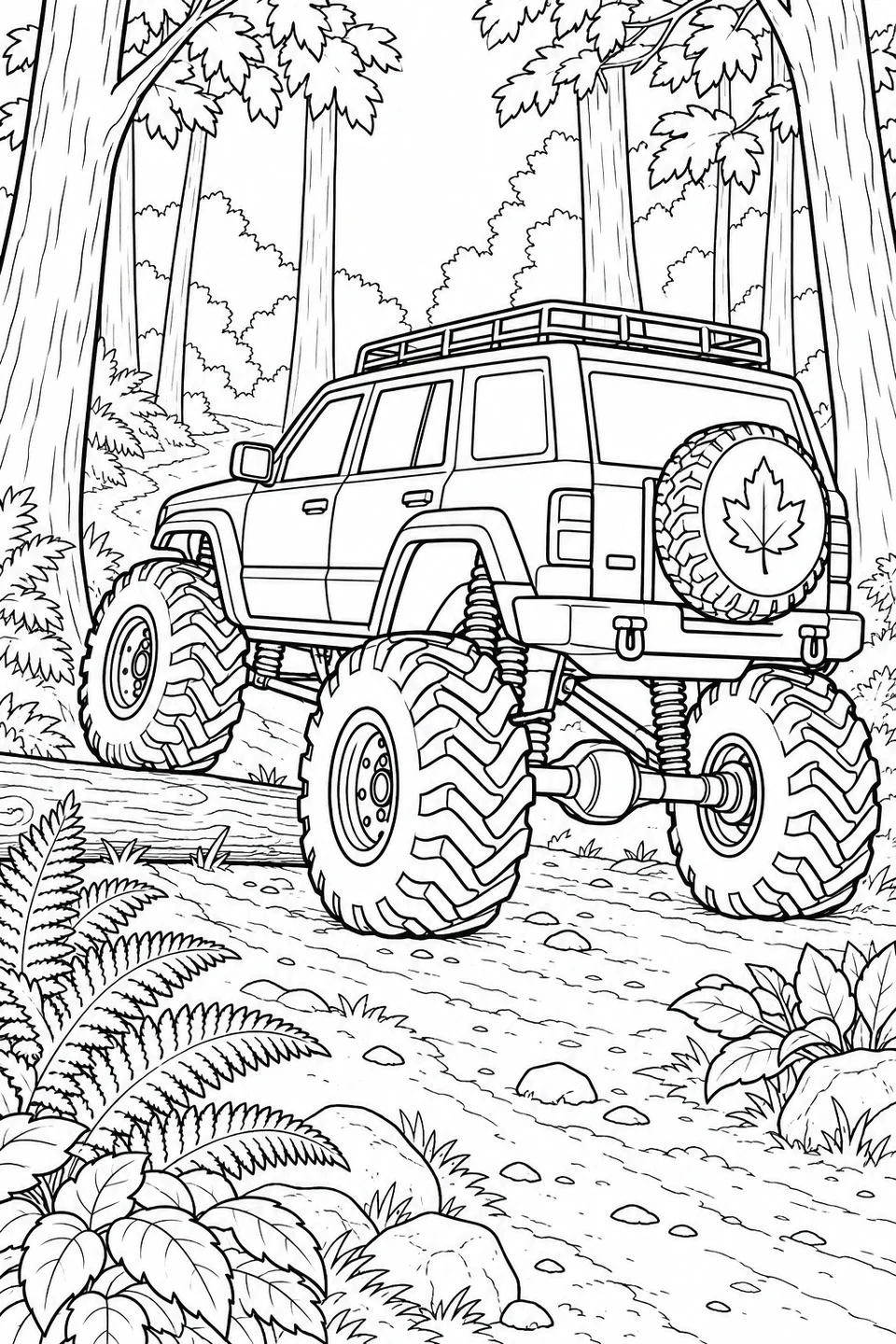 Een hoekige monster-SUV rijdt tussen hoge bomen en varens over een lage boomstam, met een dakrek en een bladmotief op het reservewiel achterop.