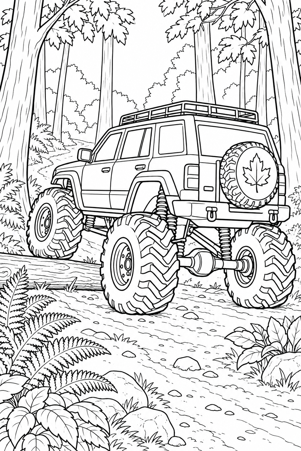 Een hoekige monster-SUV rijdt tussen hoge bomen en varens over een lage boomstam, met een dakrek en een bladmotief op het reservewiel achterop.