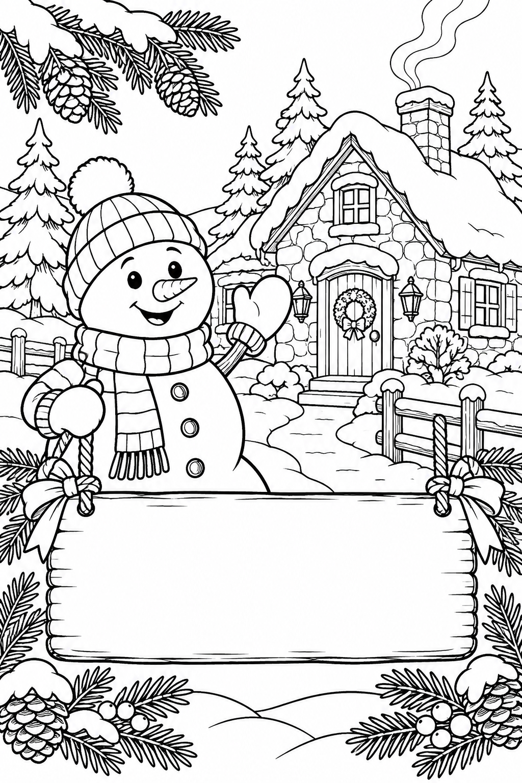Snowy Cottage and Snowman, black-and-white coloring page with a blank space for the month.