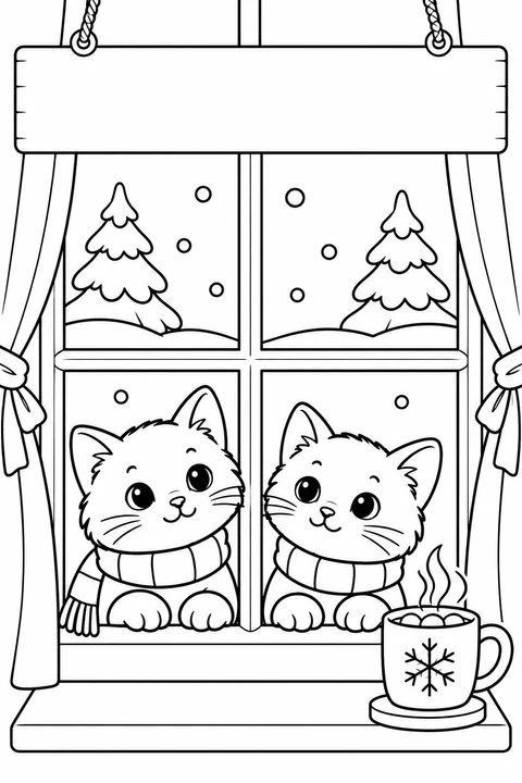 Kittens at a Snowy Window, black-and-white coloring page with a blank space for the month.