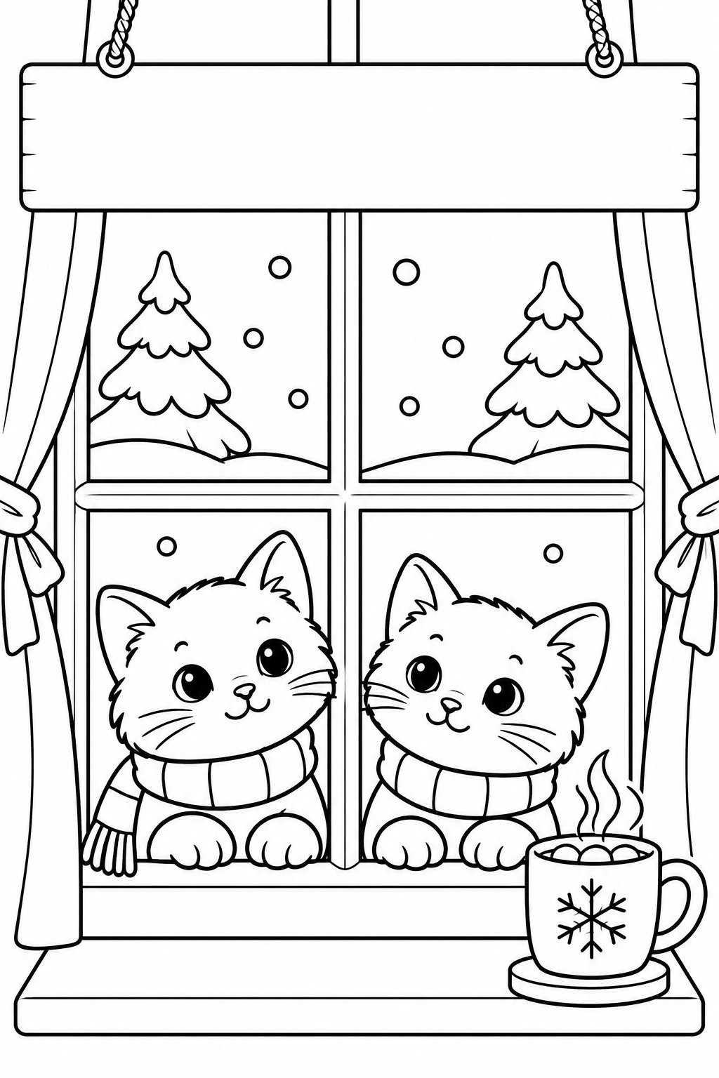 Kittens at a Snowy Window, black-and-white coloring page with a blank space for the month.