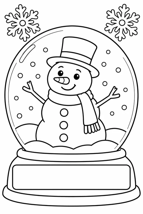 Snowman Snow Globe, black-and-white coloring page with a blank space for the month.