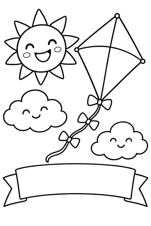 Sun and Summer Kite, black-and-white coloring page with a blank space for the month.