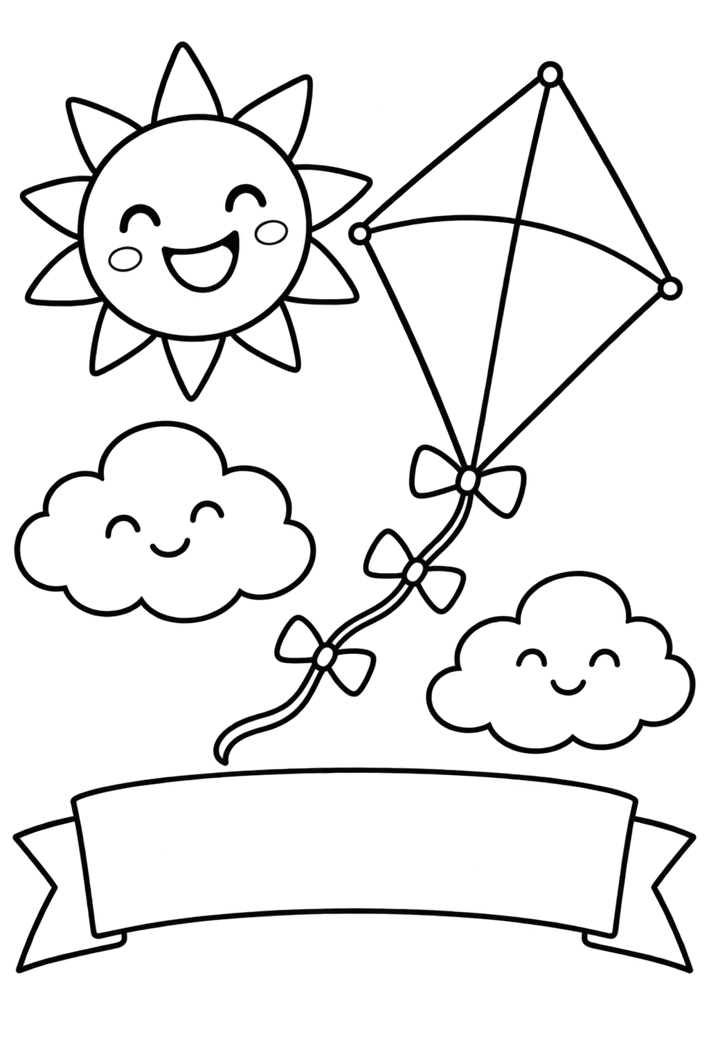 Sun and Summer Kite, black-and-white coloring page with a blank space for the month.