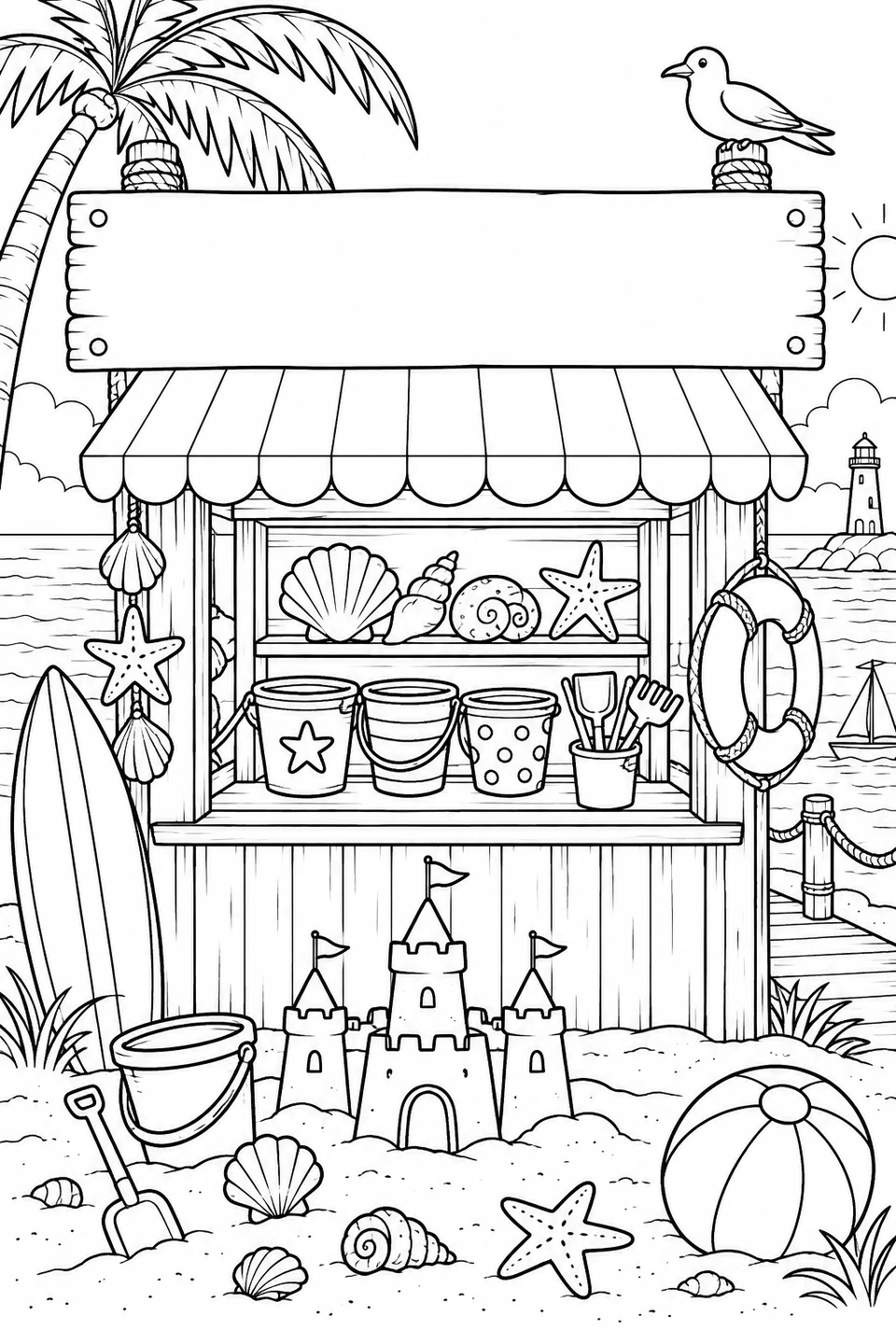 Seaside Toy Kiosk, black-and-white coloring page with a blank space for the month.