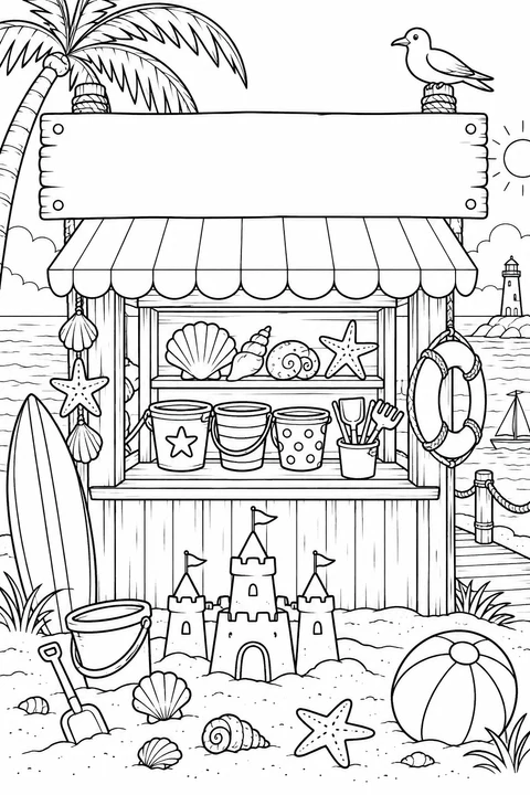Seaside Toy Kiosk, black-and-white coloring page with a blank space for the month.