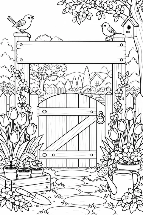 Spring Garden Gate, black-and-white coloring page with a blank space for the month.
