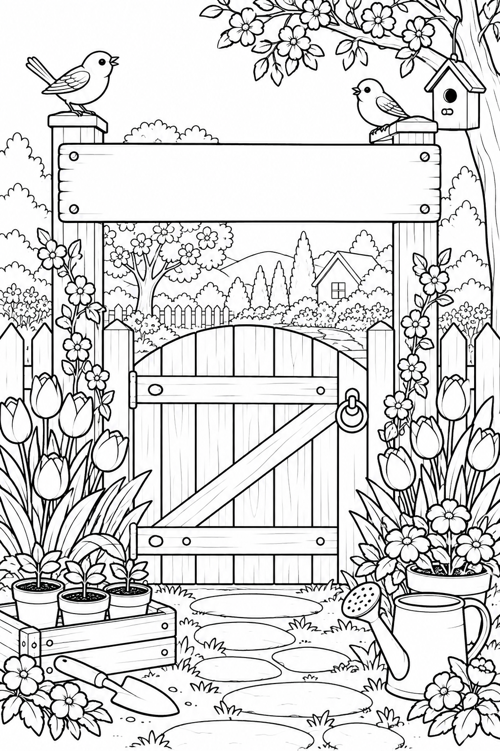 Cancello del giardino in primavera, disegno in bianco e nero con uno spazio per il mese.