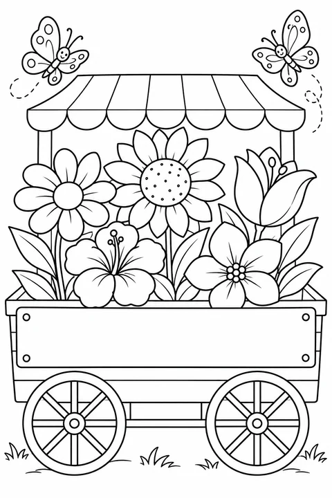 Flower Cart and Butterflies, black-and-white coloring page with a blank space for the month.