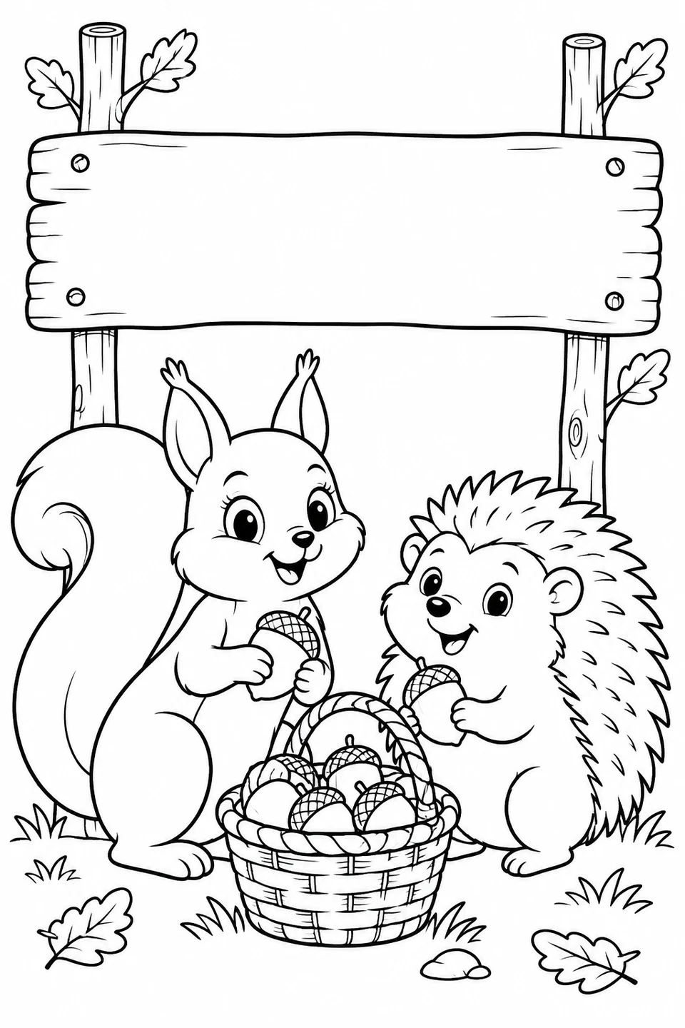 Woodland Friends and Acorns, black-and-white coloring page with a blank space for the month.
