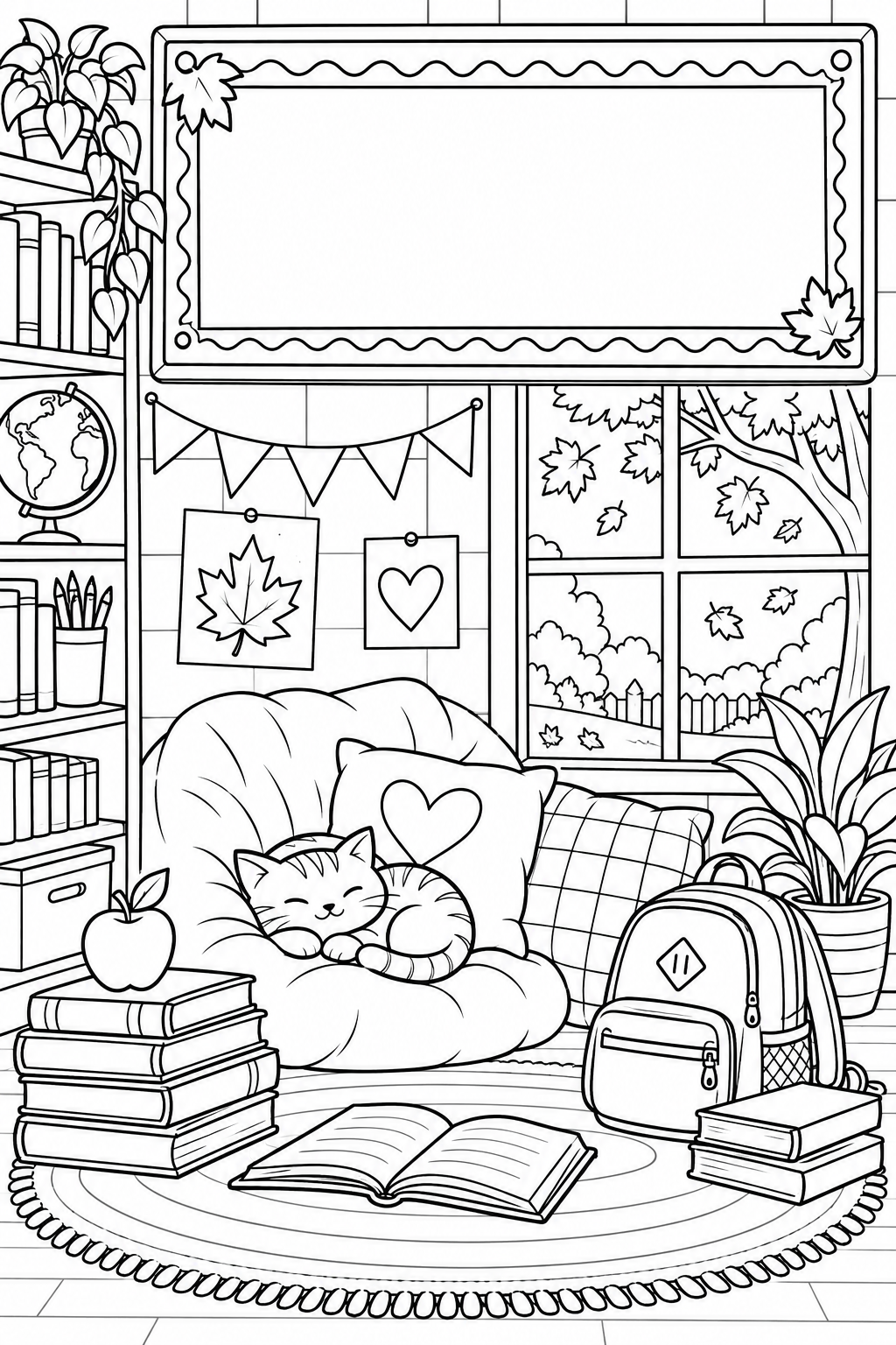 Autumn School Reading Corner, black-and-white coloring page with a blank space for the month.