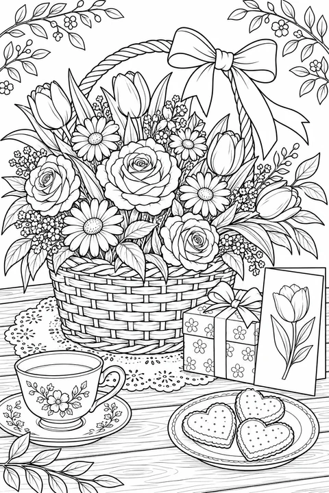 A basket of tulips, roses and daisy-shaped flowers beside a gift, flower card, teacup and heart-shaped biscuits.