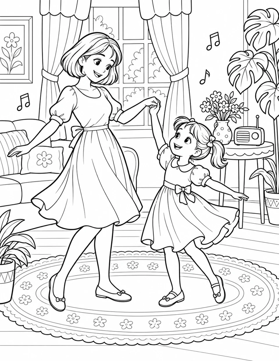 An adult and a child in flared dresses hold hands and dance on a flower-patterned rug.
