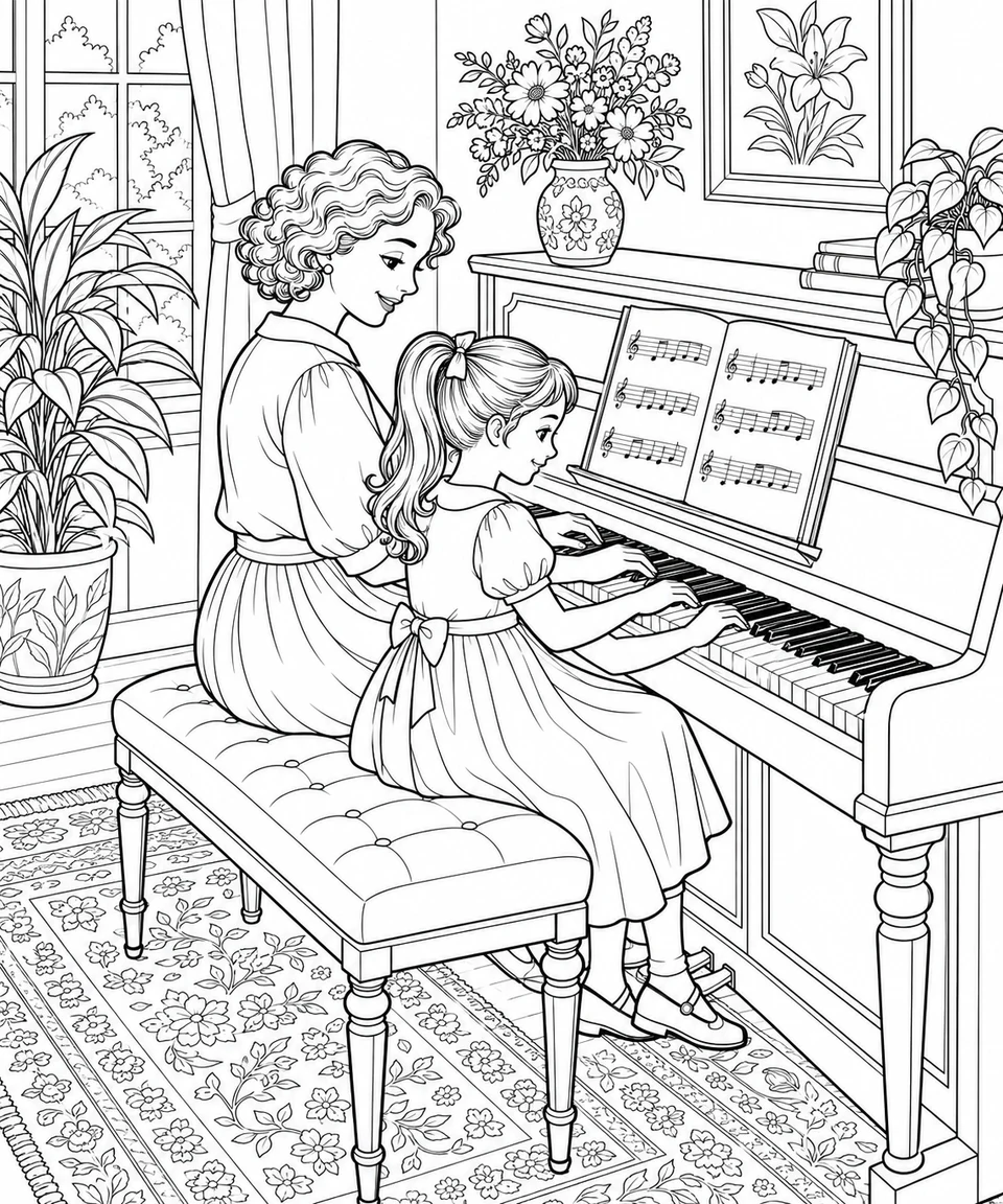 Mama en haar dochter zitten samen op de pianokruk en spelen. Er staat een open muziekboek bij, met bloemen en planten eromheen.