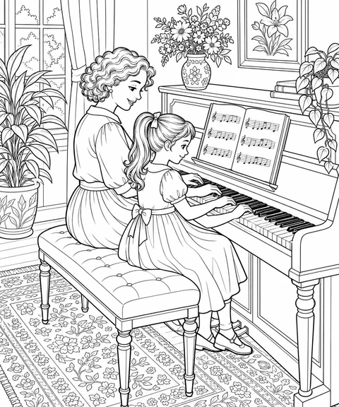 Mom and her daughter share a piano bench and play together, with an open music book, flowers and leafy plants around them.