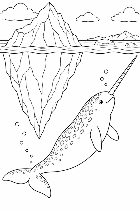 Un narvalo nuota verso l’alto accanto a un iceberg, visibile sia sopra sia sotto la superficie.