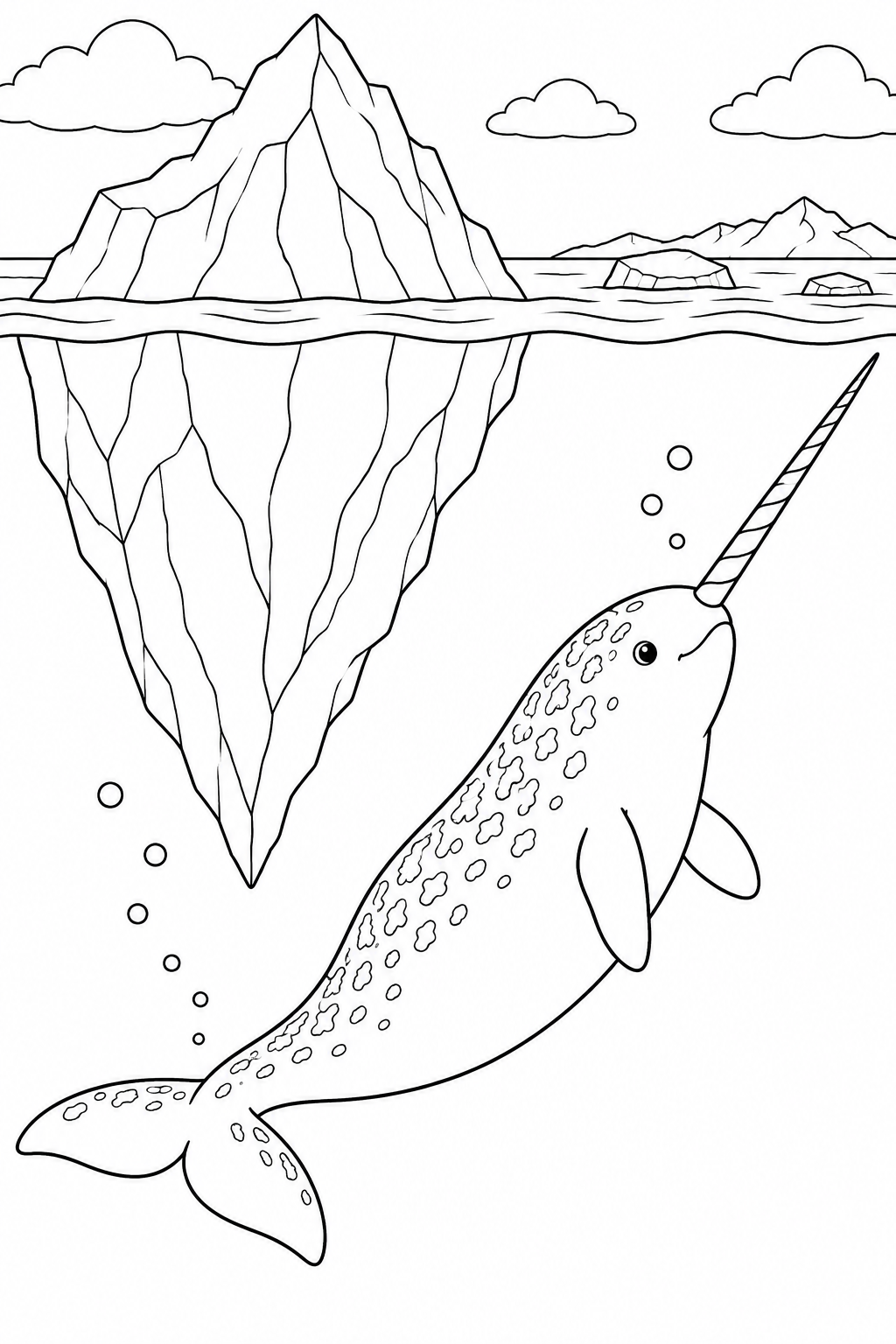 Ein Narwal schwimmt neben einem Eisberg nach oben. Das Eis ist über und unter Wasser zu sehen.