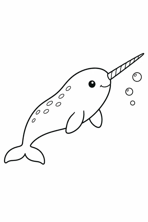 Narwhal: One animal swimming beside three bubbles, with broad spaces to color.