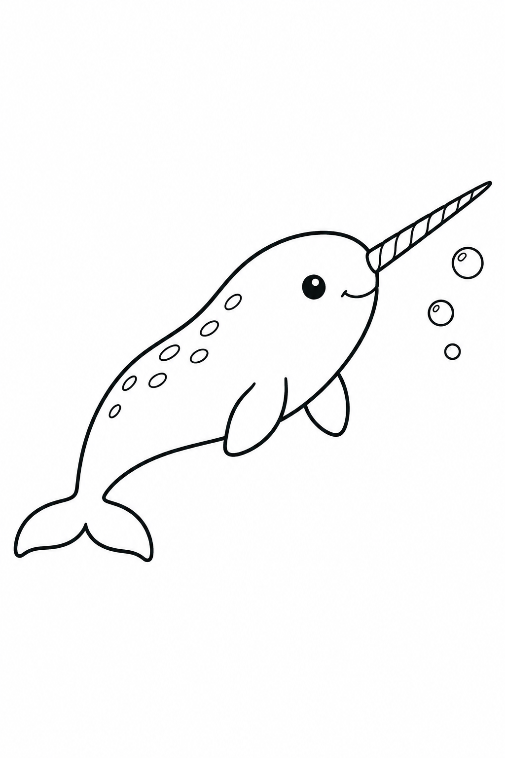 Narwhal: One animal swimming beside three bubbles, with broad spaces to color.