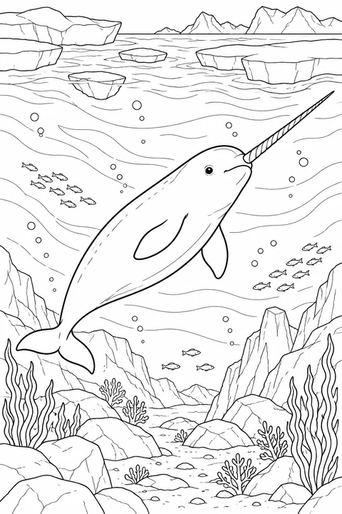 Narwhal: An Arctic scene with floating ice, flowing water and a rocky seabed.