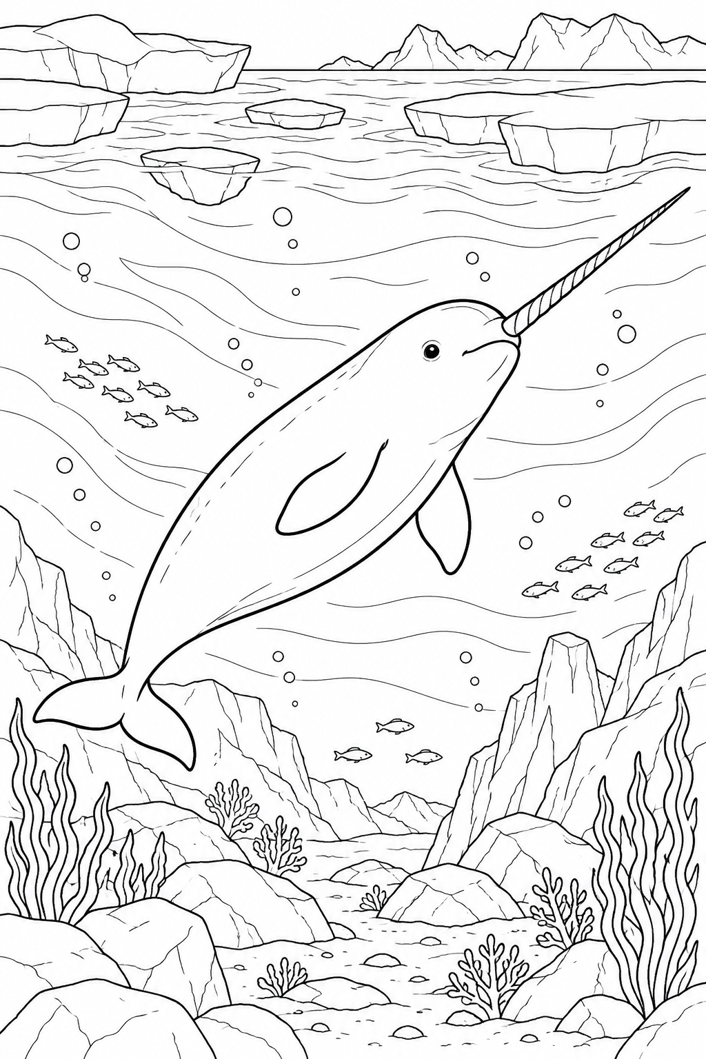 Narwhal: An Arctic scene with floating ice, flowing water and a rocky seabed.