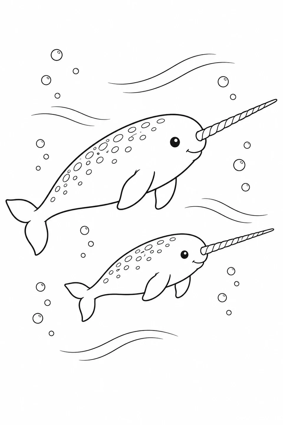 Narwhal: Two companions swim together among gentle currents and bubbles.