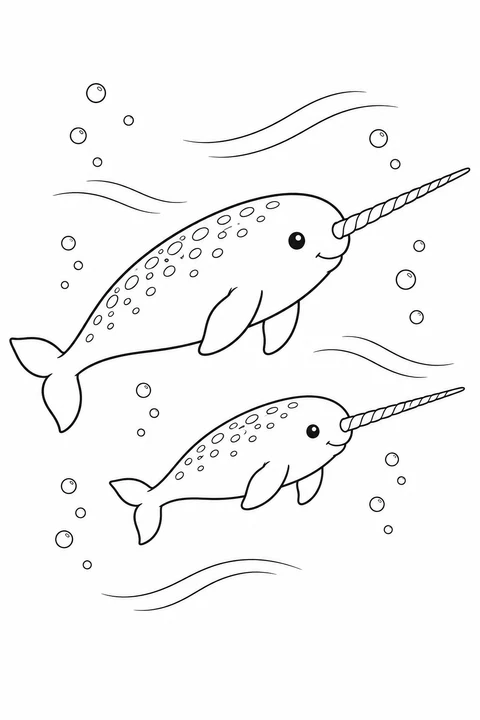 Narwhal: Two companions swim together among gentle currents and bubbles.