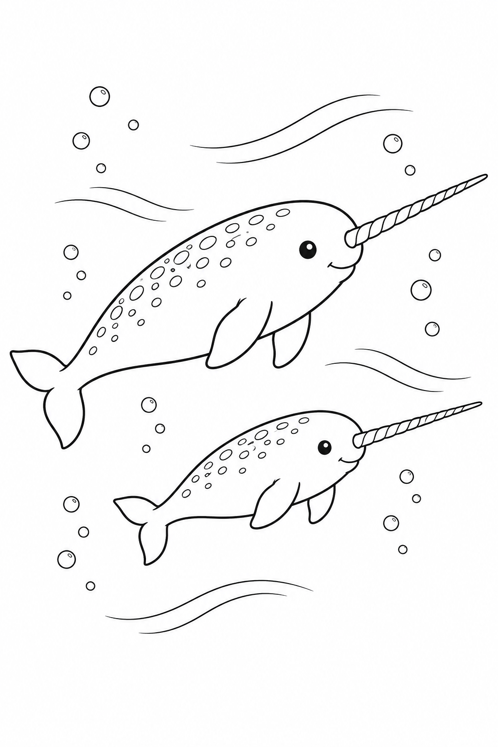 Narwhal: Two companions swim together among gentle currents and bubbles.