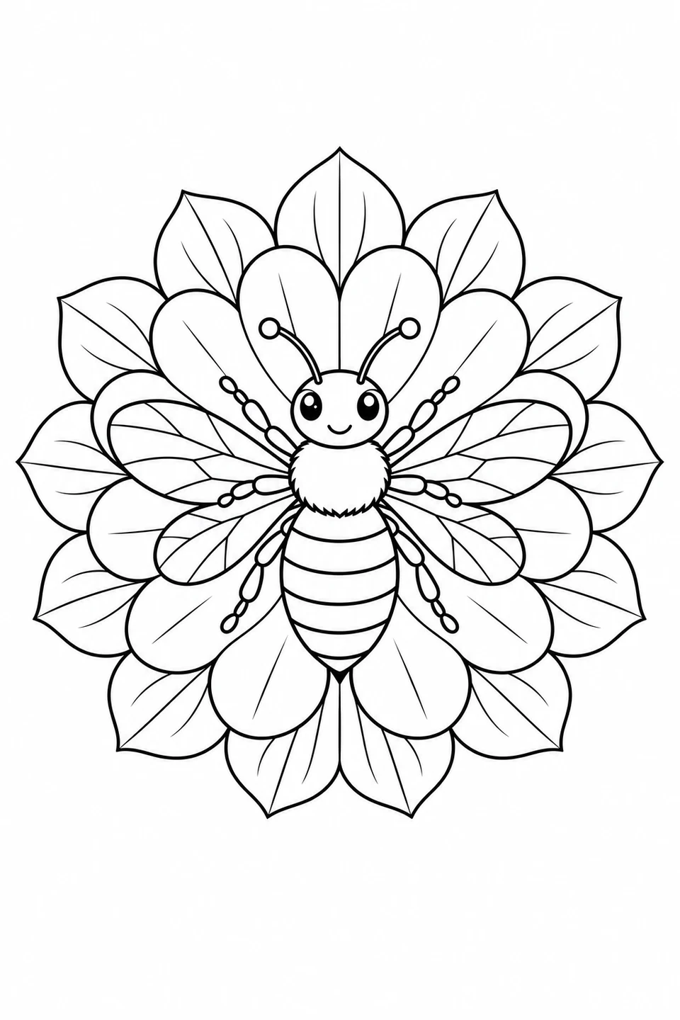 A bee with six legs and four wings fills the center of rings of petals and leaves.