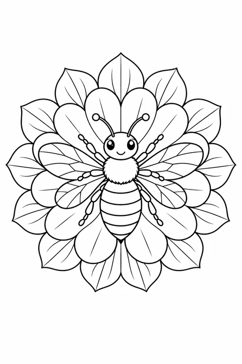 A bee with six legs and four wings fills the center of rings of petals and leaves.