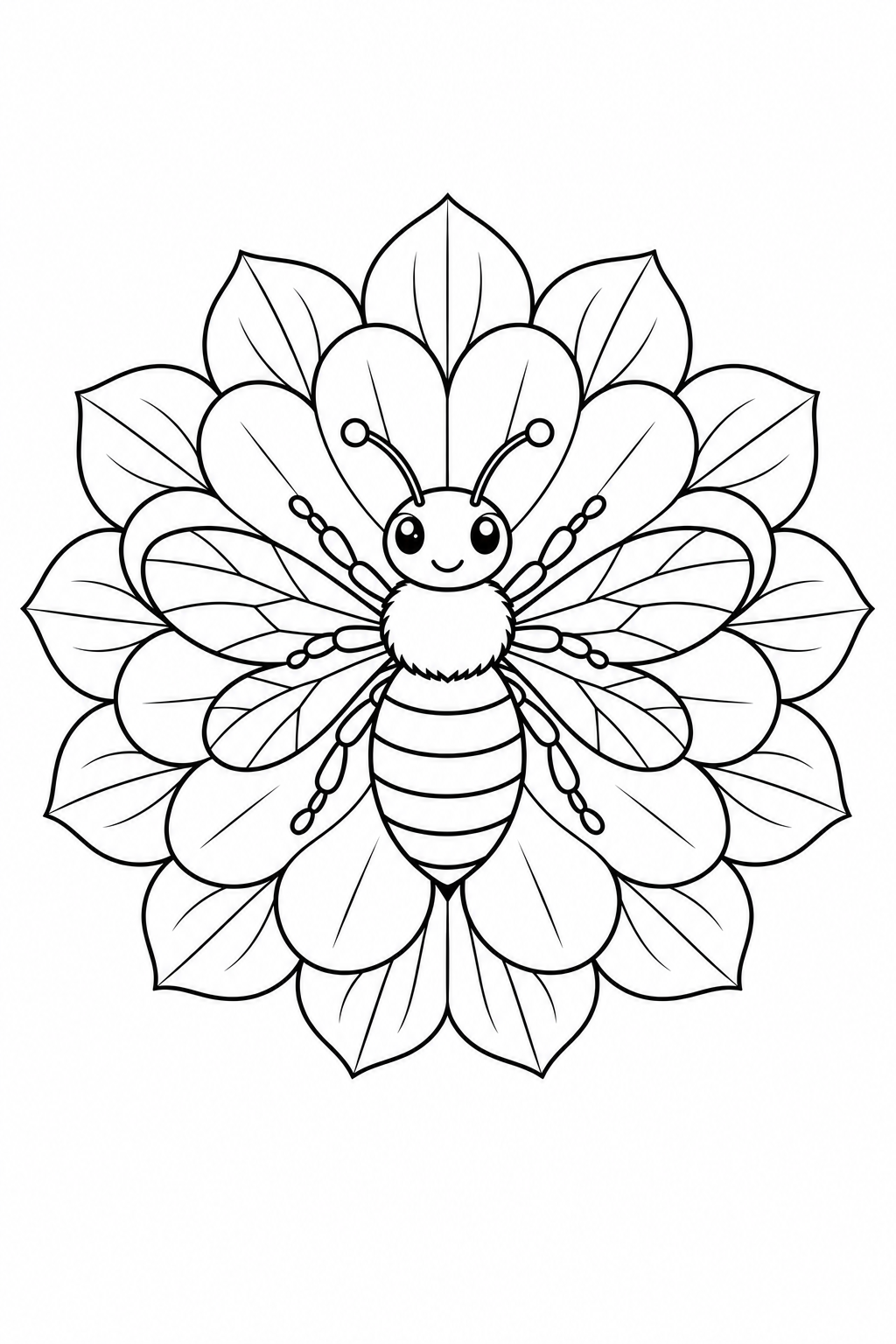 A bee with six legs and four wings fills the center of rings of petals and leaves.