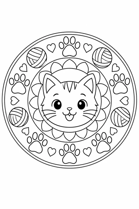 A cat face is surrounded by paw prints, yarn balls and small hearts.