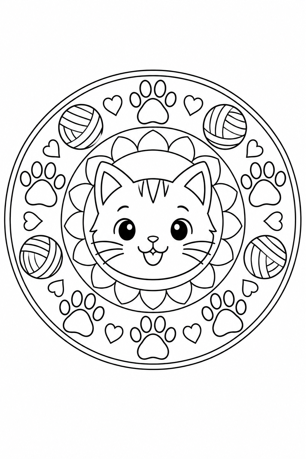 A cat face is surrounded by paw prints, yarn balls and small hearts.