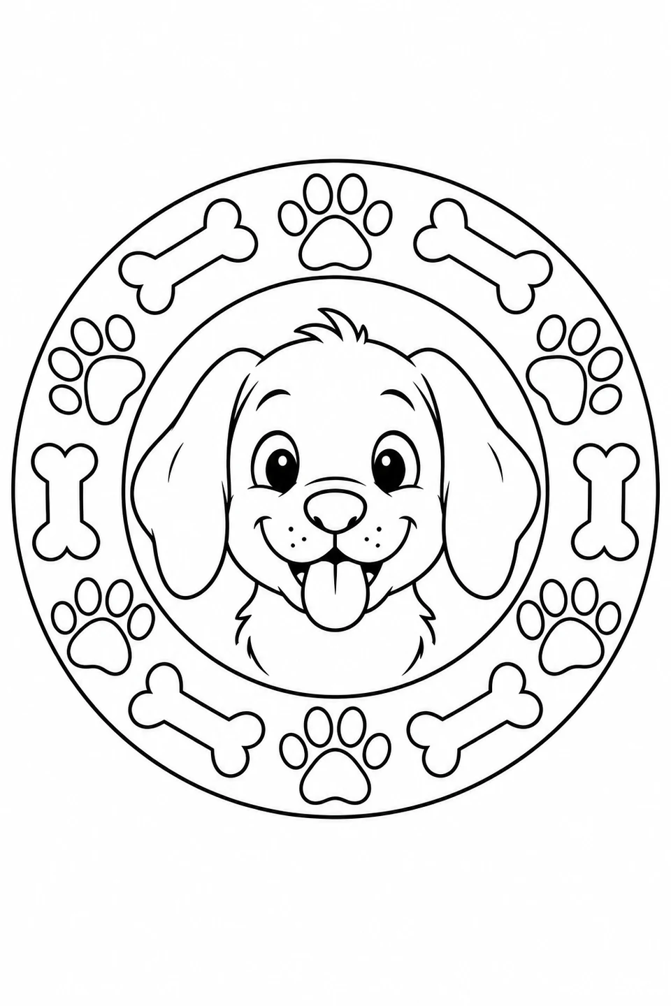 A floppy-eared dog’s face fills the center of a ring of paw prints and bone shapes.