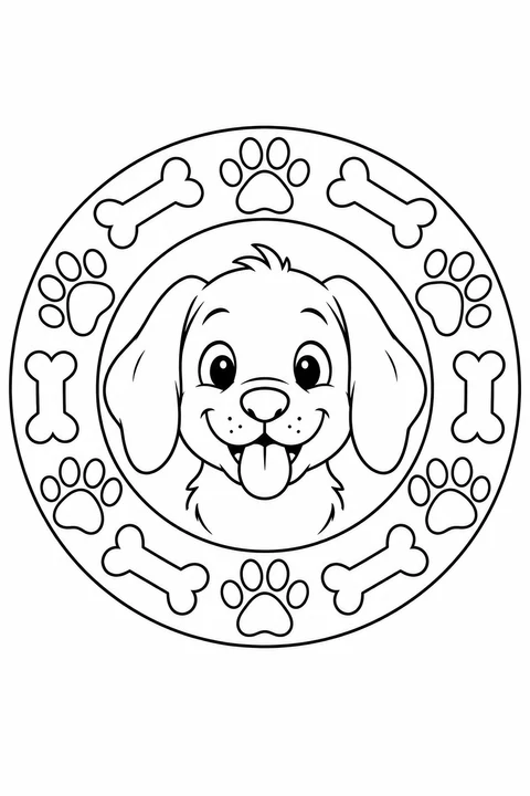 A floppy-eared dog’s face fills the center of a ring of paw prints and bone shapes.
