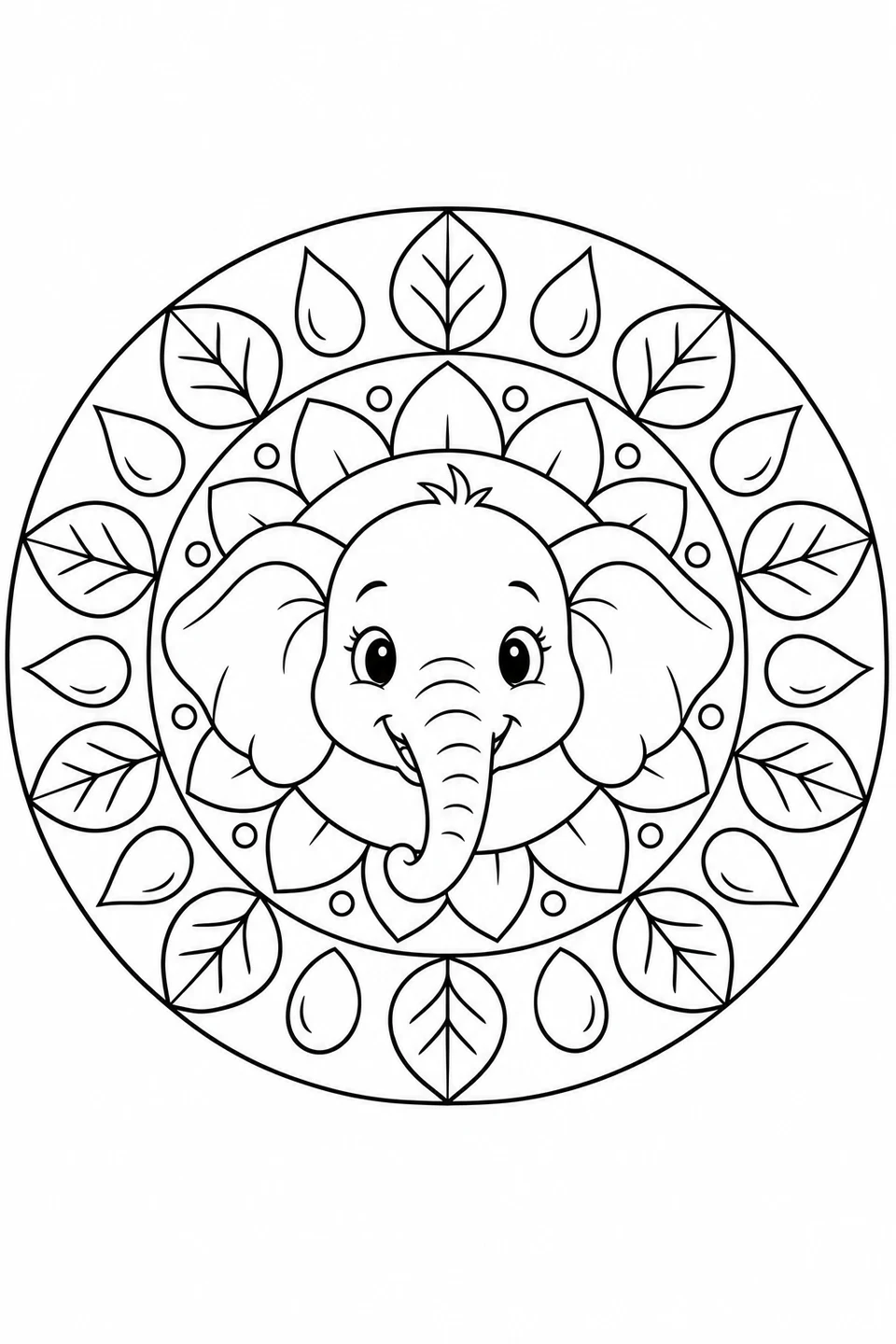 An elephant face fills the center of a circle of leaves and water drops.
