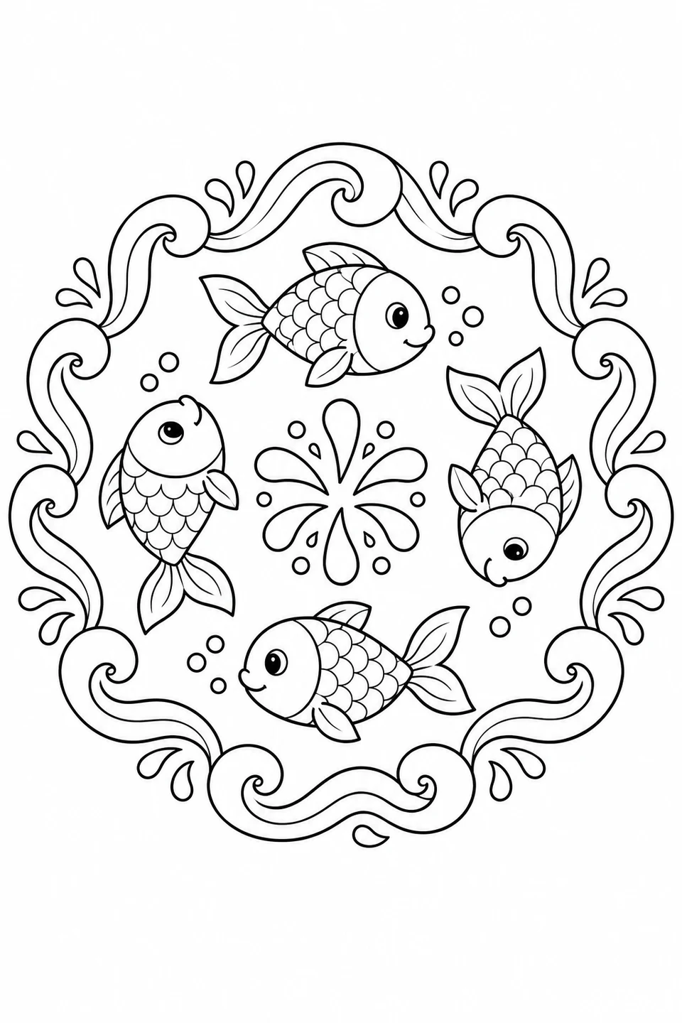 Four fish circle a splash shape inside a border of curling waves.
