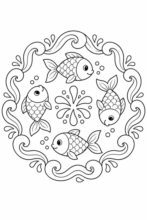 Four fish circle a splash shape inside a border of curling waves.