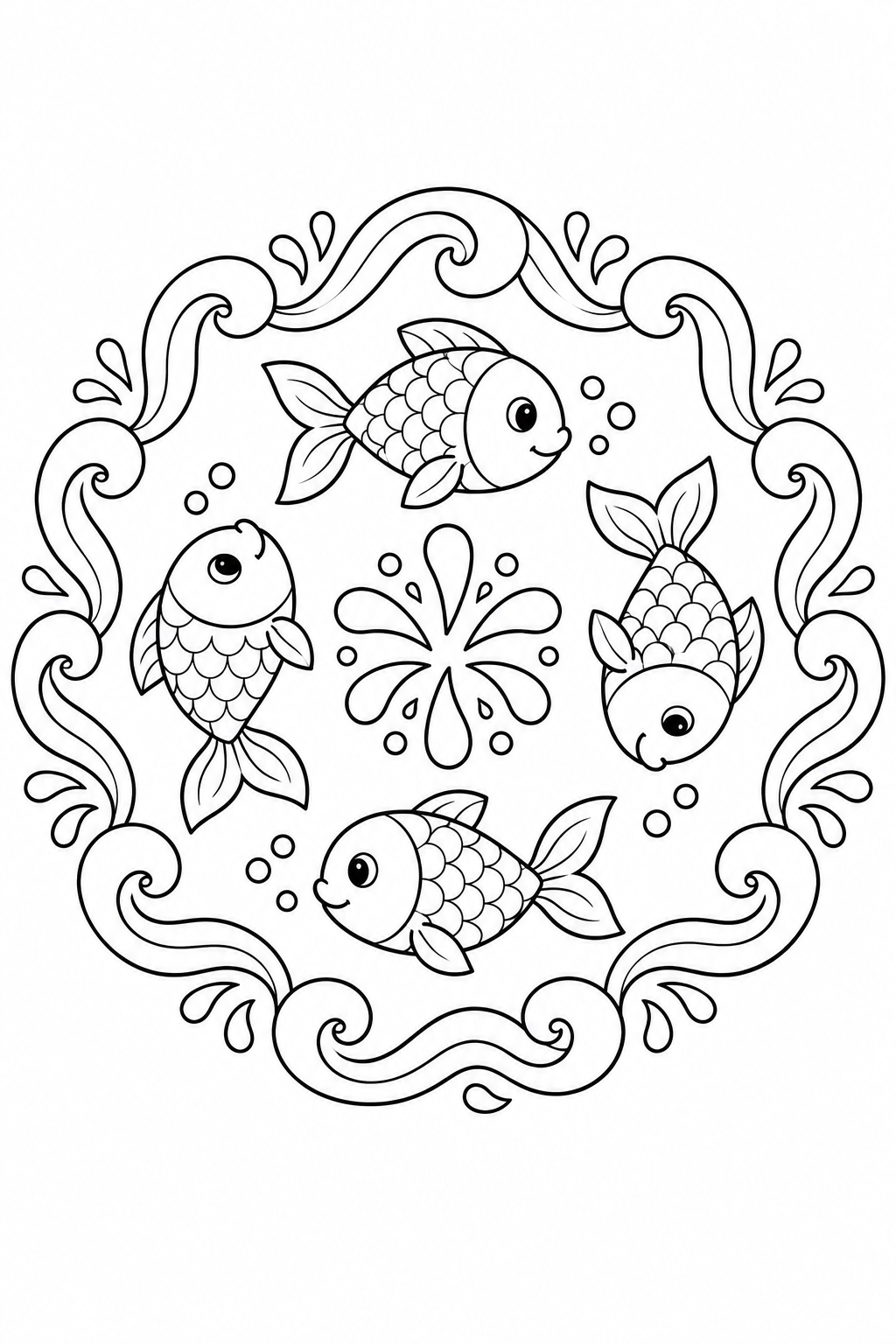 Four fish circle a splash shape inside a border of curling waves.