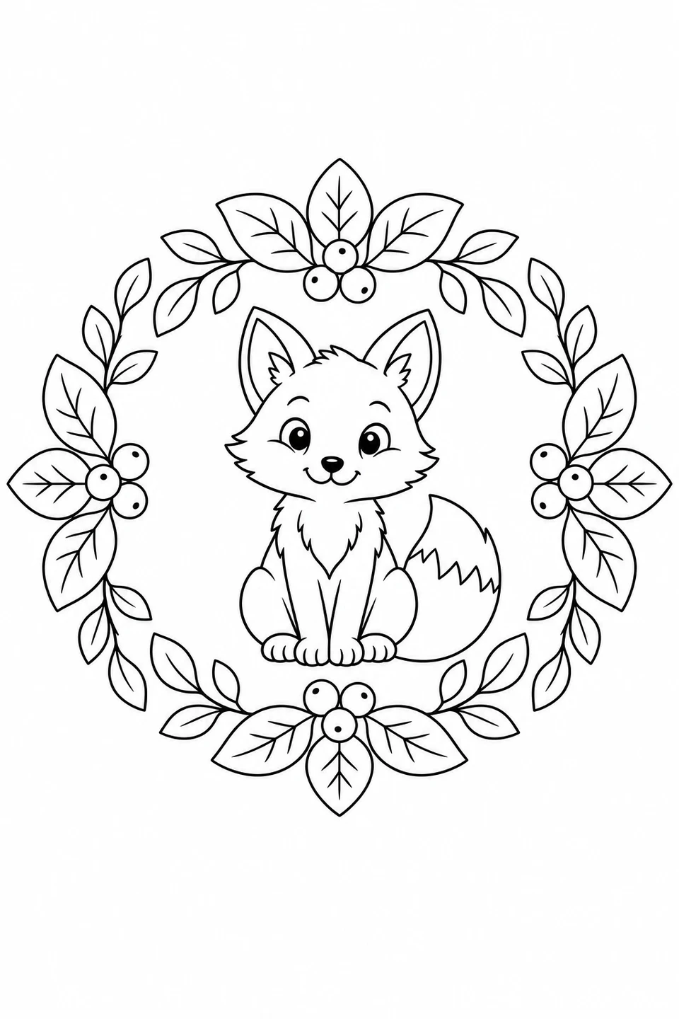 A seated fox with a fluffy tail rests inside a ring of leaves and berries.