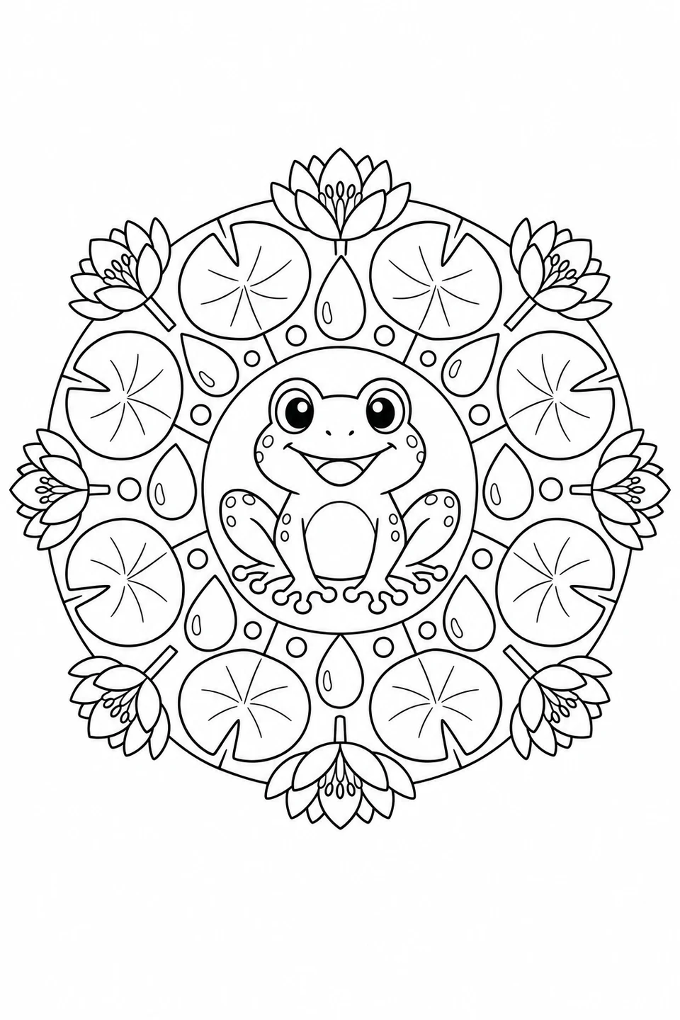 A smiling frog is surrounded by lily pads, water drops and flowers.