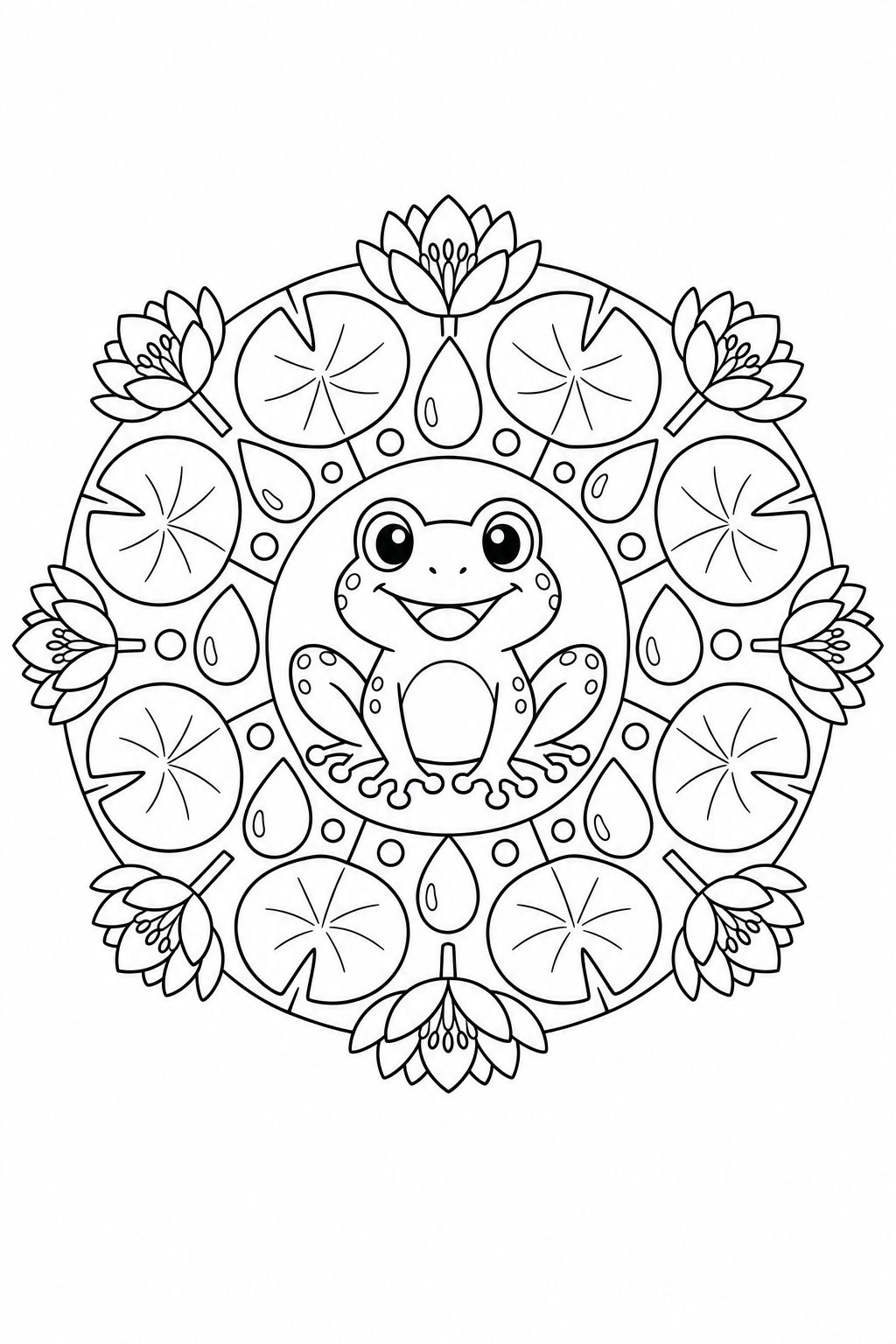 A smiling frog is surrounded by lily pads, water drops and flowers.