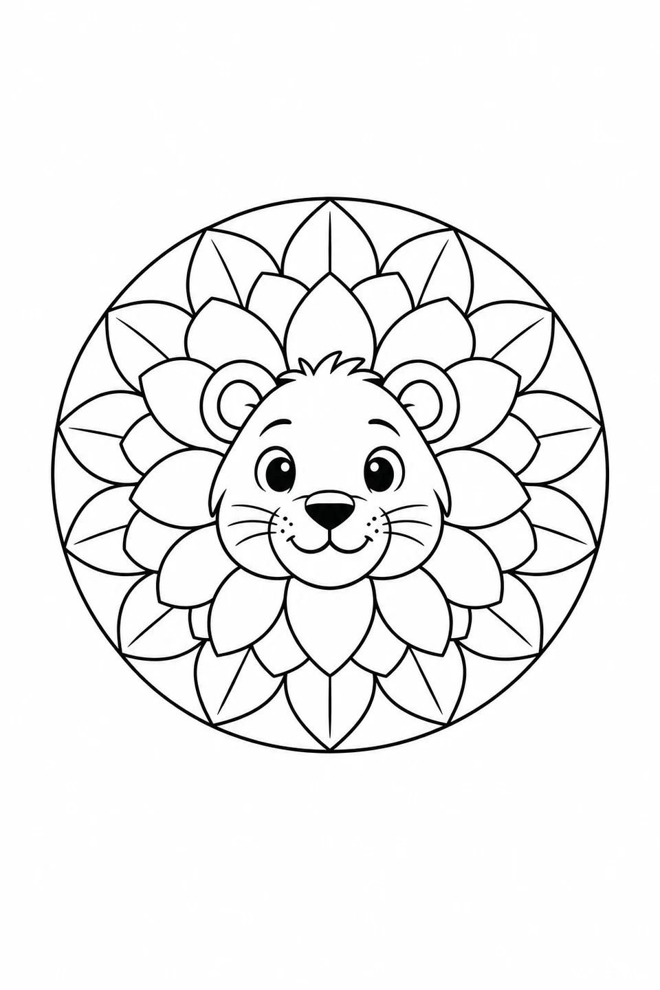 A friendly lion face sits inside rings of broad mane petals and leaves.