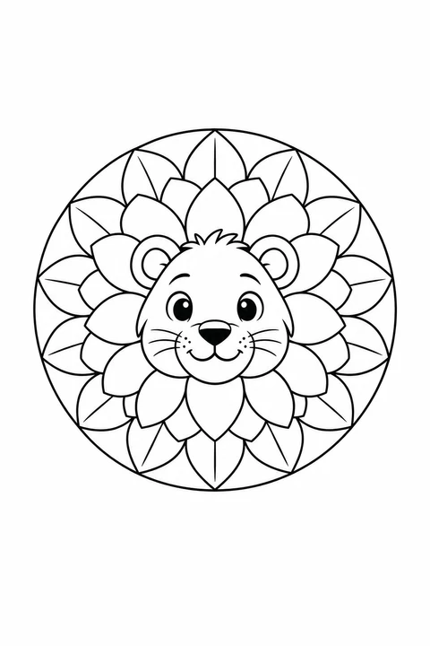 A friendly lion face sits inside rings of broad mane petals and leaves.