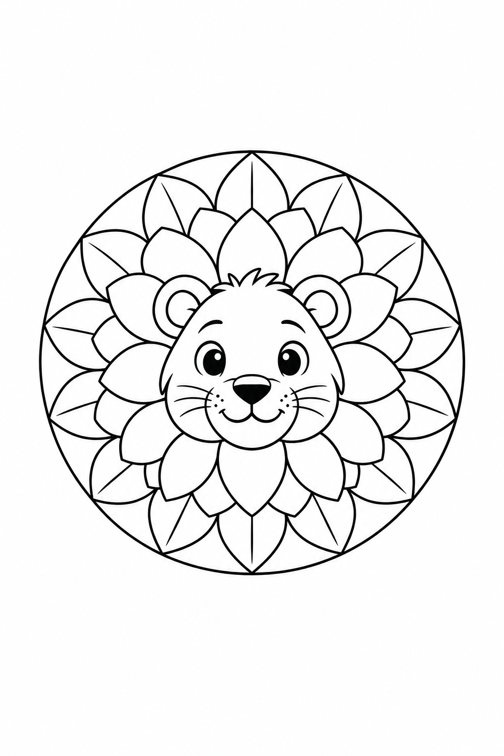 A friendly lion face sits inside rings of broad mane petals and leaves.