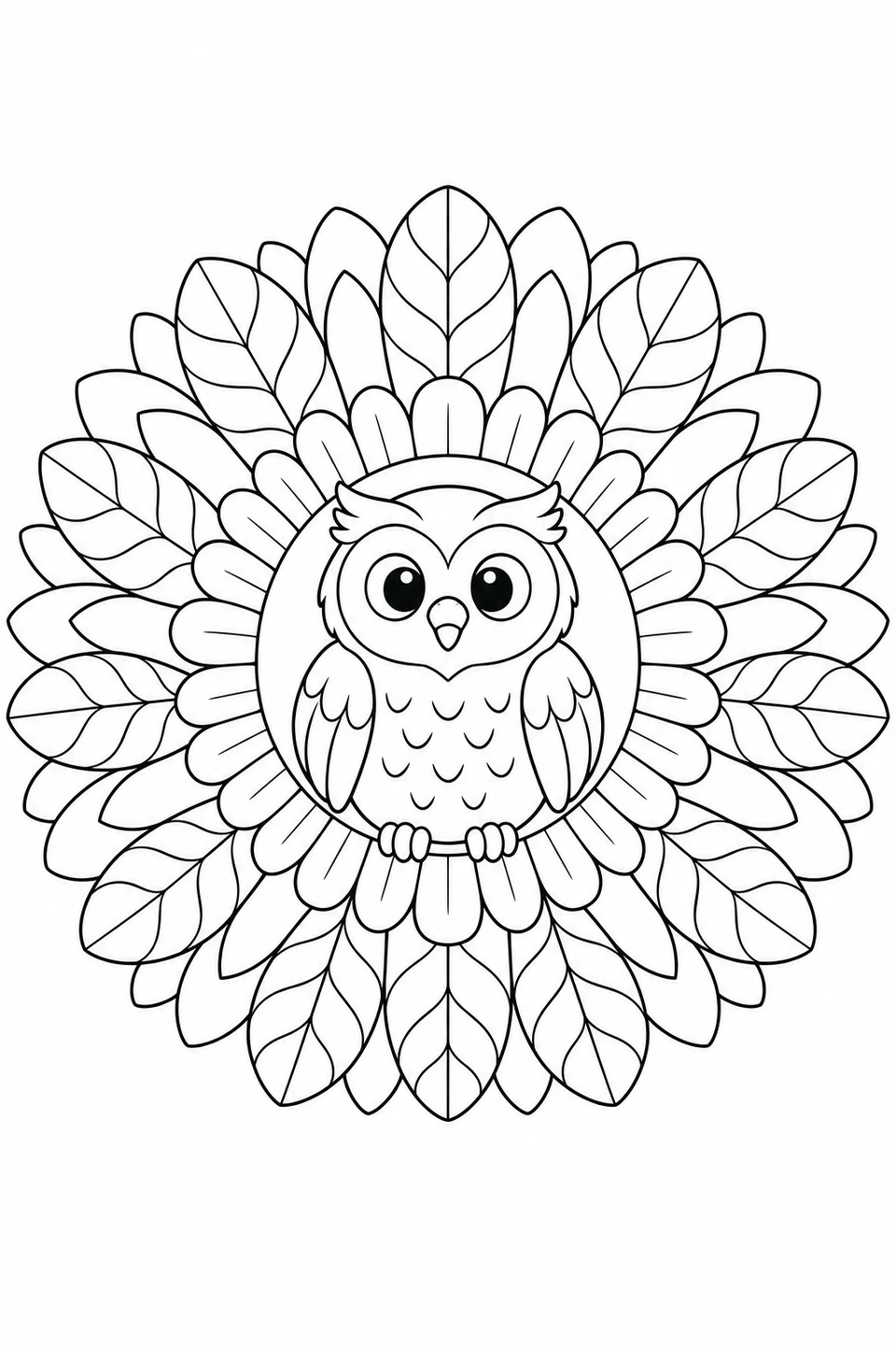 A wide-eyed owl sits among rings of large feather shapes.