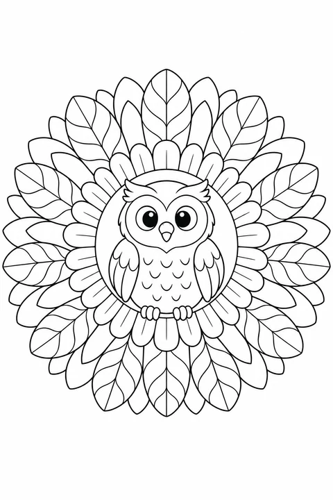 A wide-eyed owl sits among rings of large feather shapes.