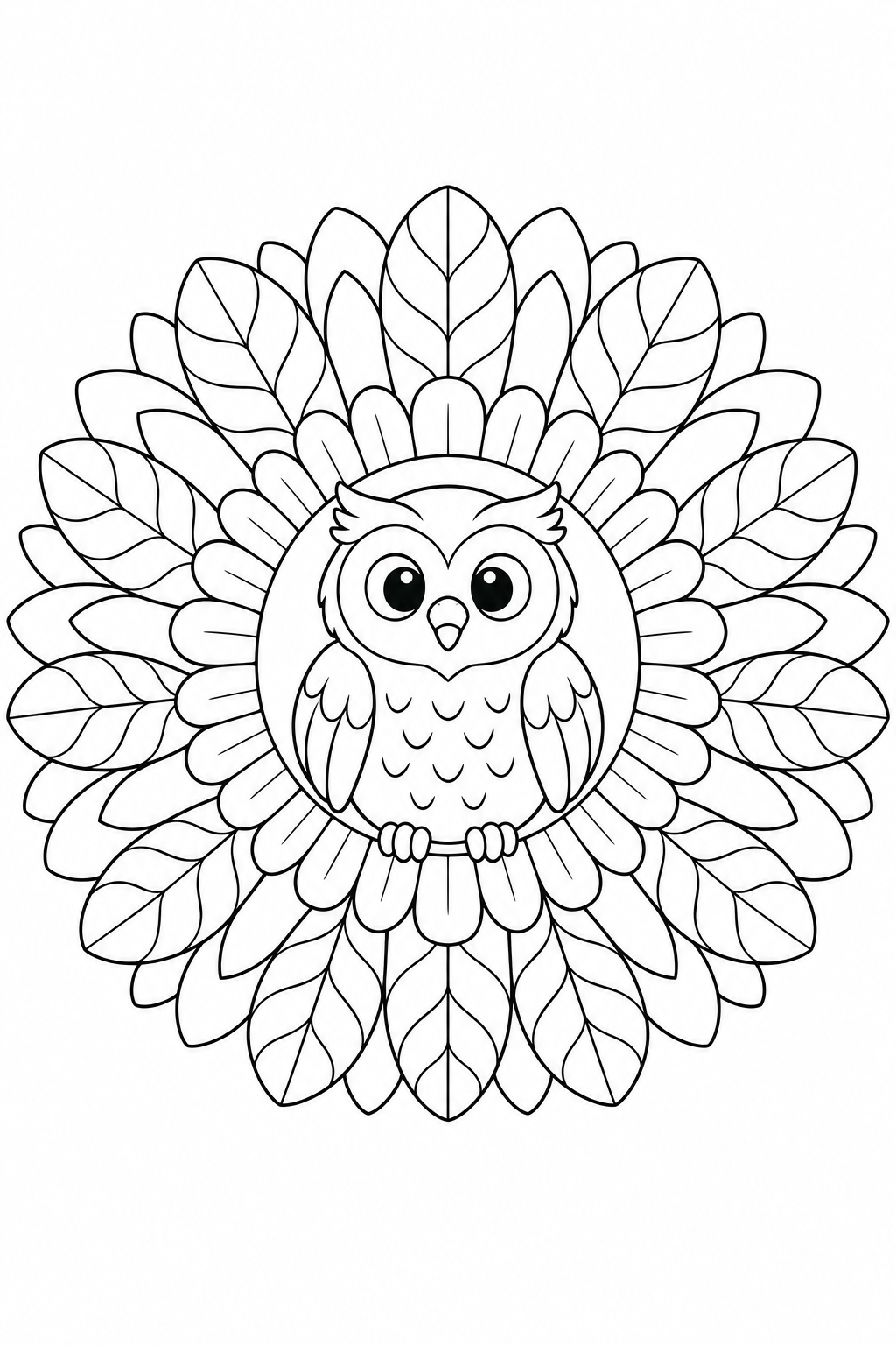 A wide-eyed owl sits among rings of large feather shapes.